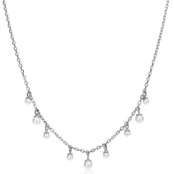 Outlet Zinzi zilveren schakelketting met negen ronde witte glasparels in verschillende groottes, speels verdeeld over de ketting 40-45cm ZIC2623