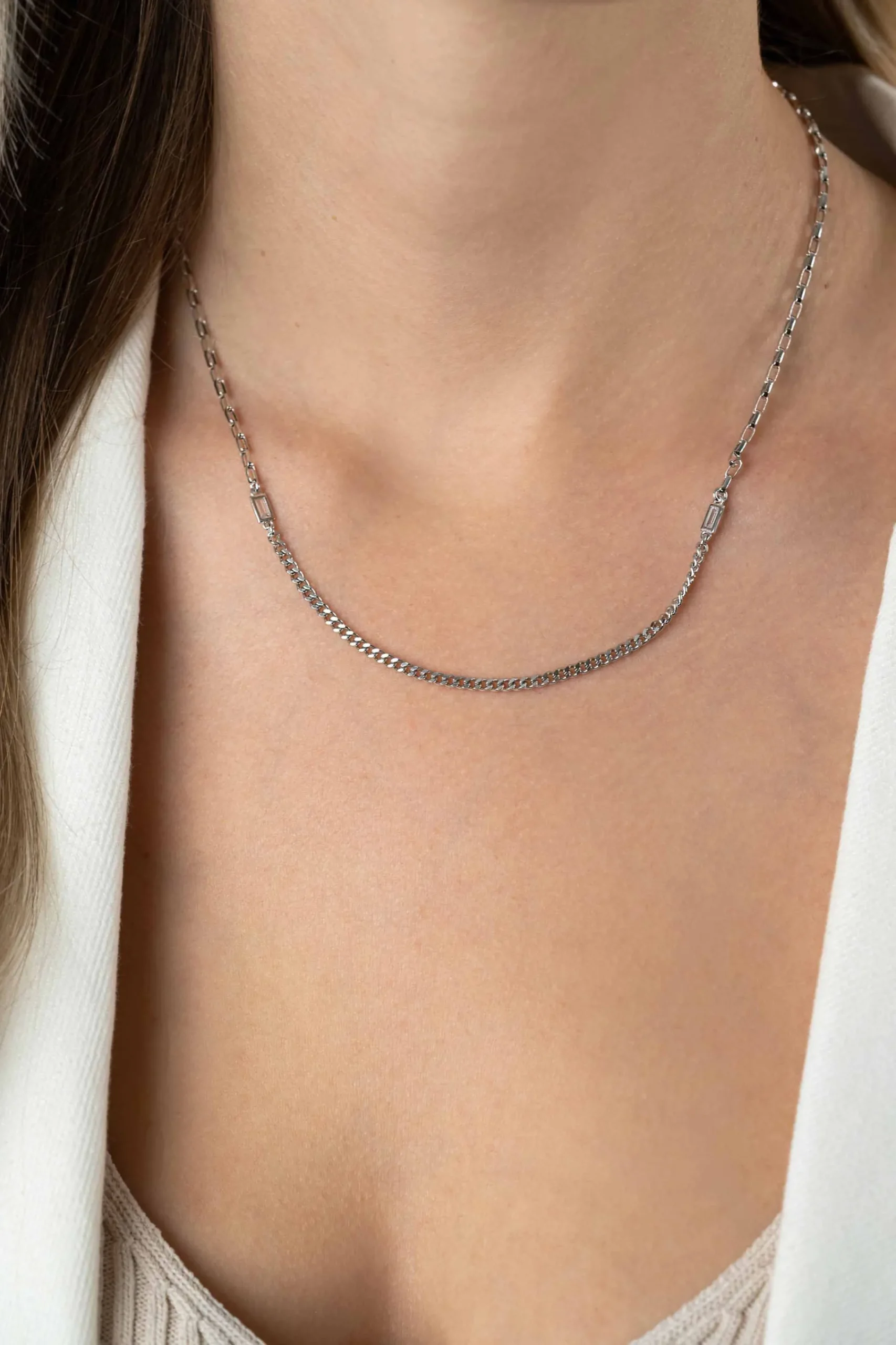 Zinzi zilveren schakelketting met gourmet en vierkante schakels met rechthoekige zetting witte zirconia 42-45cm ZIC2519