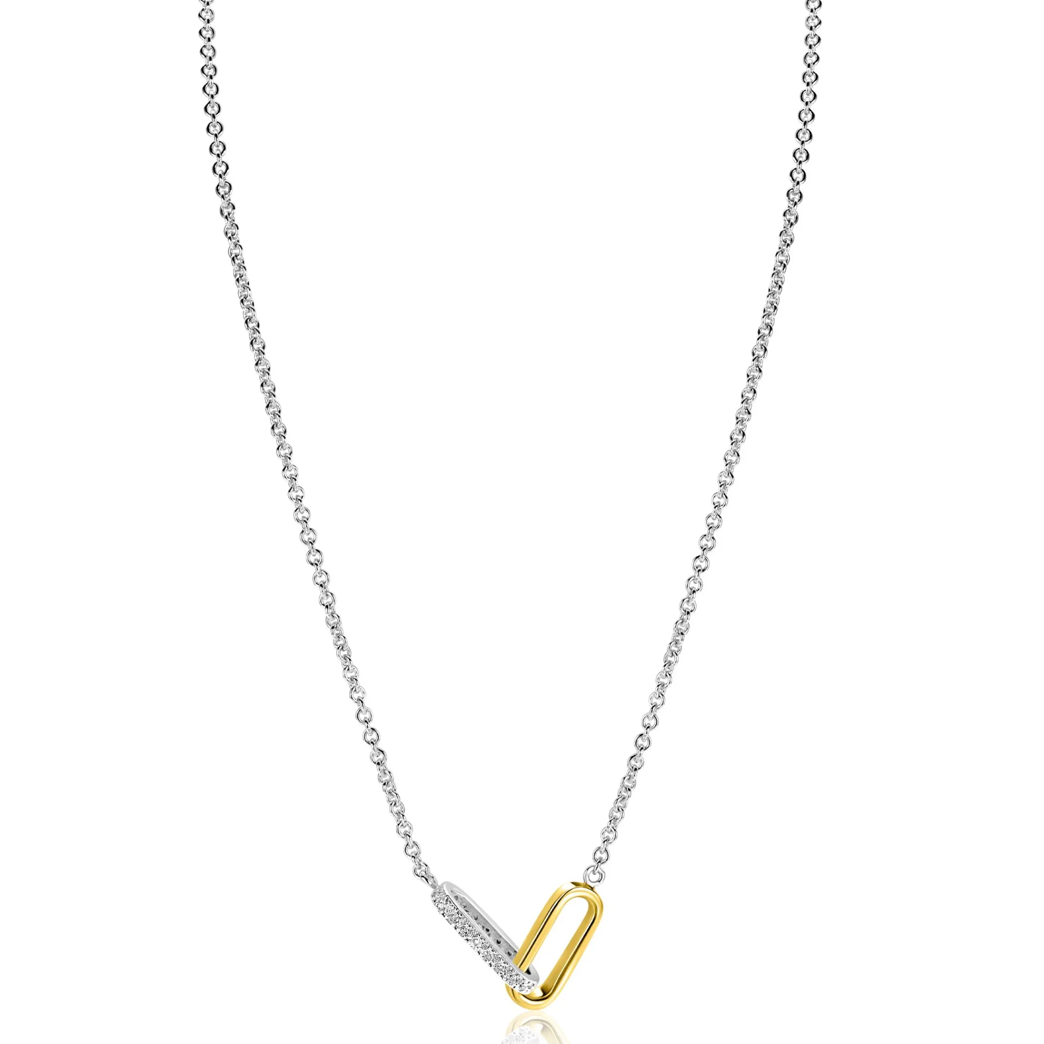 Hot Zinzi zilveren schakelketting met twee verbonden ovale schakels: één gold plated, de ander bezet met witte zirkonia's 42-45cm ZIC2758