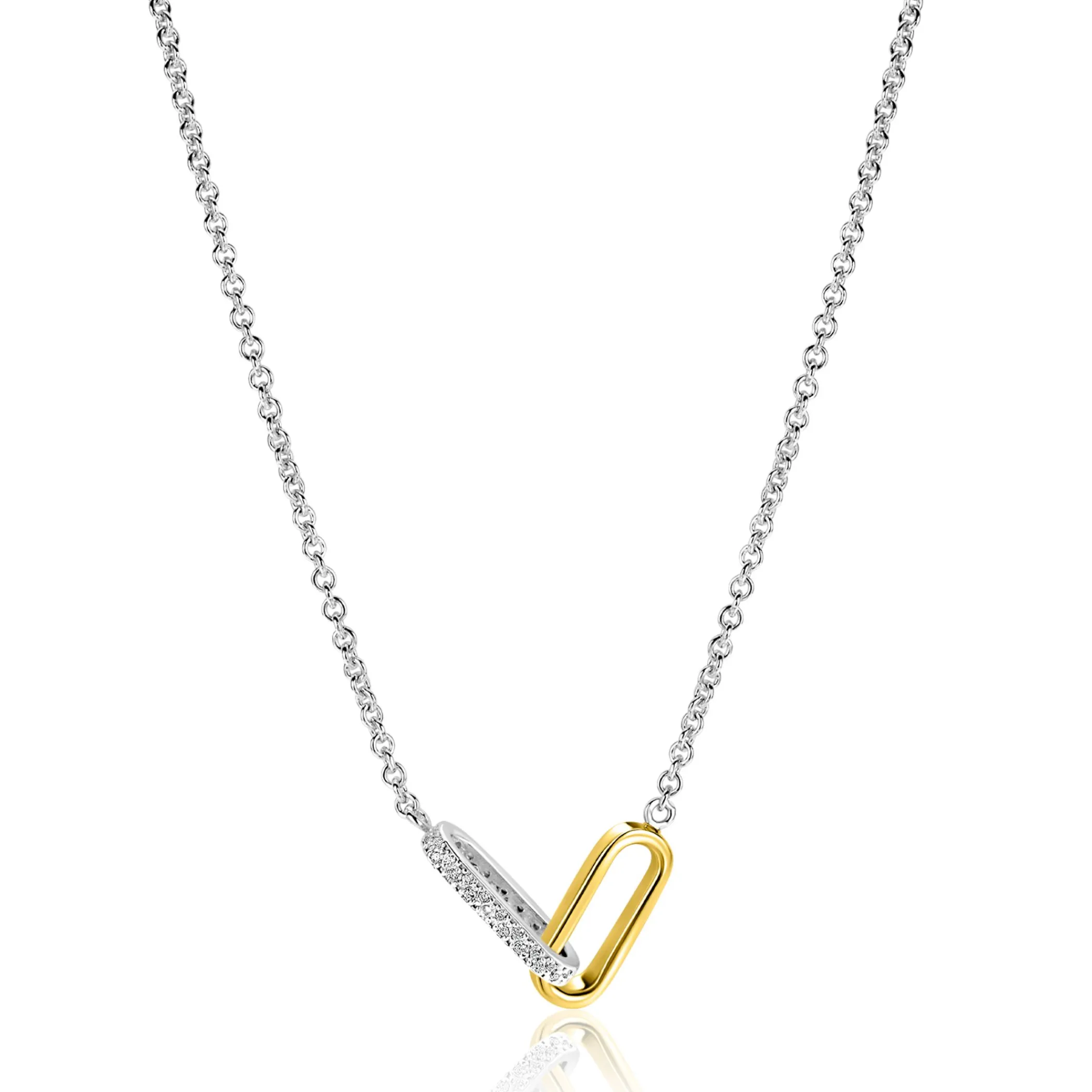 Hot Zinzi zilveren schakelketting met twee verbonden ovale schakels: één gold plated, de ander bezet met witte zirkonia's 42-45cm ZIC2758