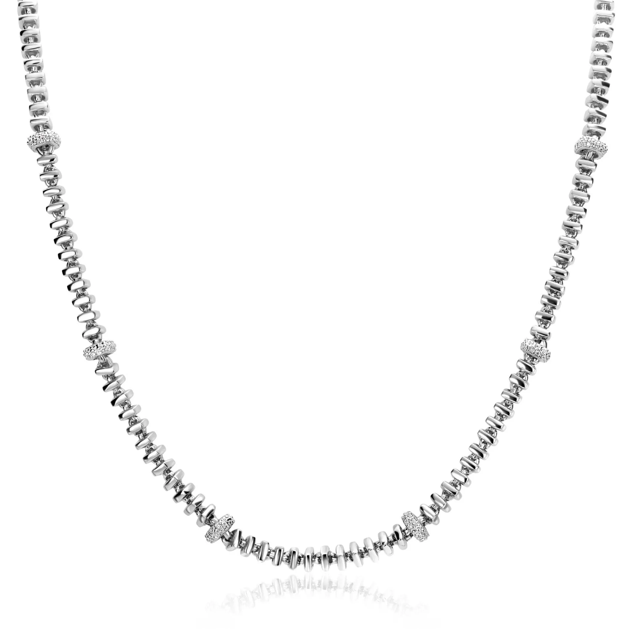 Hot Zinzi zilveren vierkante schakel ketting 6mm breed afwisselend bezet met witte zirkonia's 45cm ZIC2678
