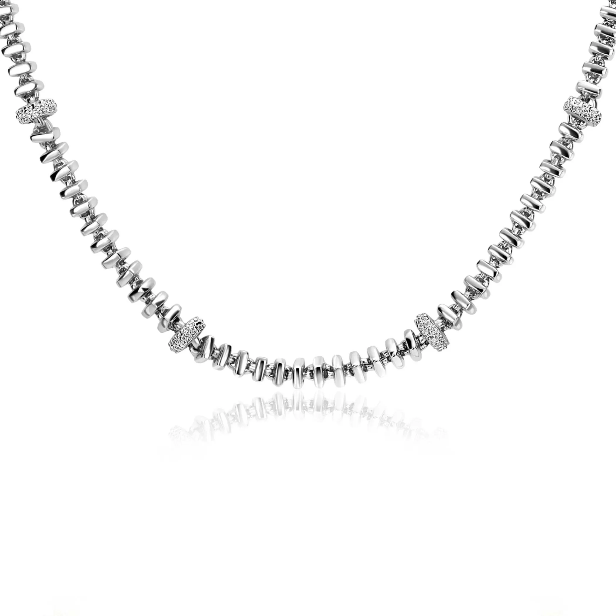 Hot Zinzi zilveren vierkante schakel ketting 6mm breed afwisselend bezet met witte zirkonia's 45cm ZIC2678