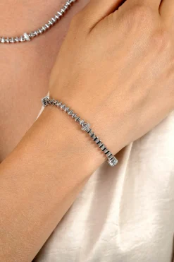 Hot Zinzi zilveren vierkante schakel armband 6mm breed afwisselend bezet met witte zirkonia's 19cm ZIA2678